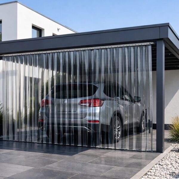 PVC Streifenvorhang an einem Carport