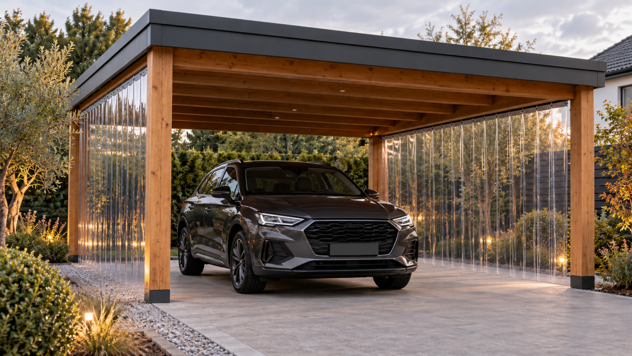 KI-Visualisierung: Carport mit transparenten PVC-Streifen an beiden Seiten und freier Einfahrt