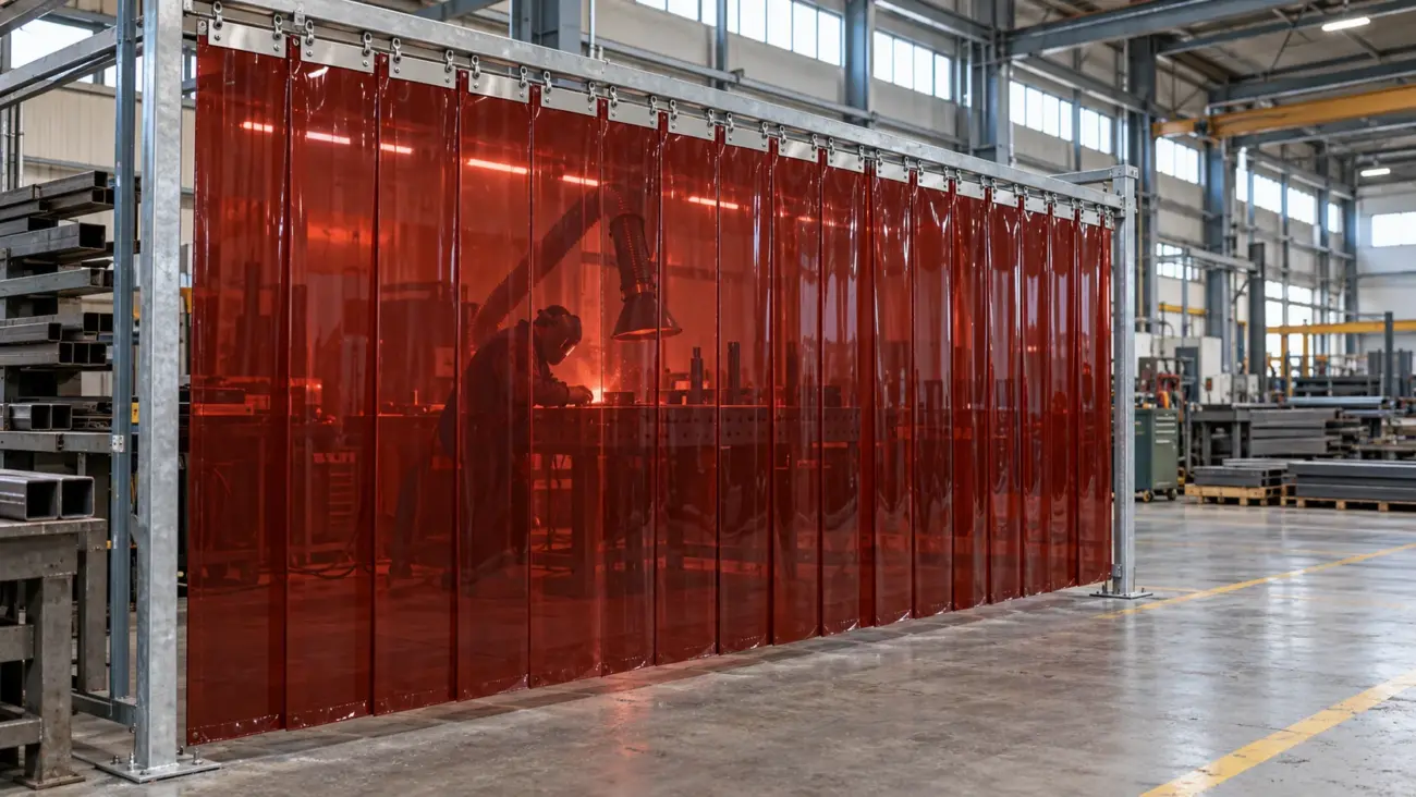 KI-Visualisierung eines industriellen Schweißplatzes hinter dunkelroten PVC-Lamellen mit einem Schweißer und einer Absaugung