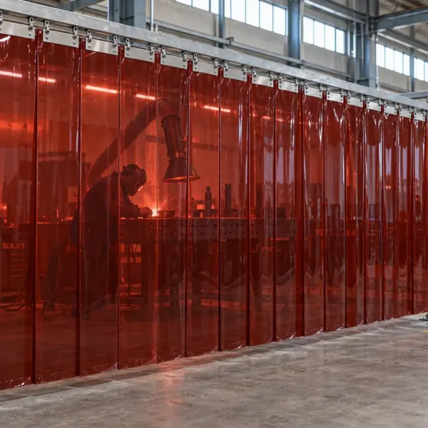 KI-Visualisierung eines industriellen Schweißplatzes hinter dunkelroten PVC-Lamellen mit einem Schweißer und einer Absaugung