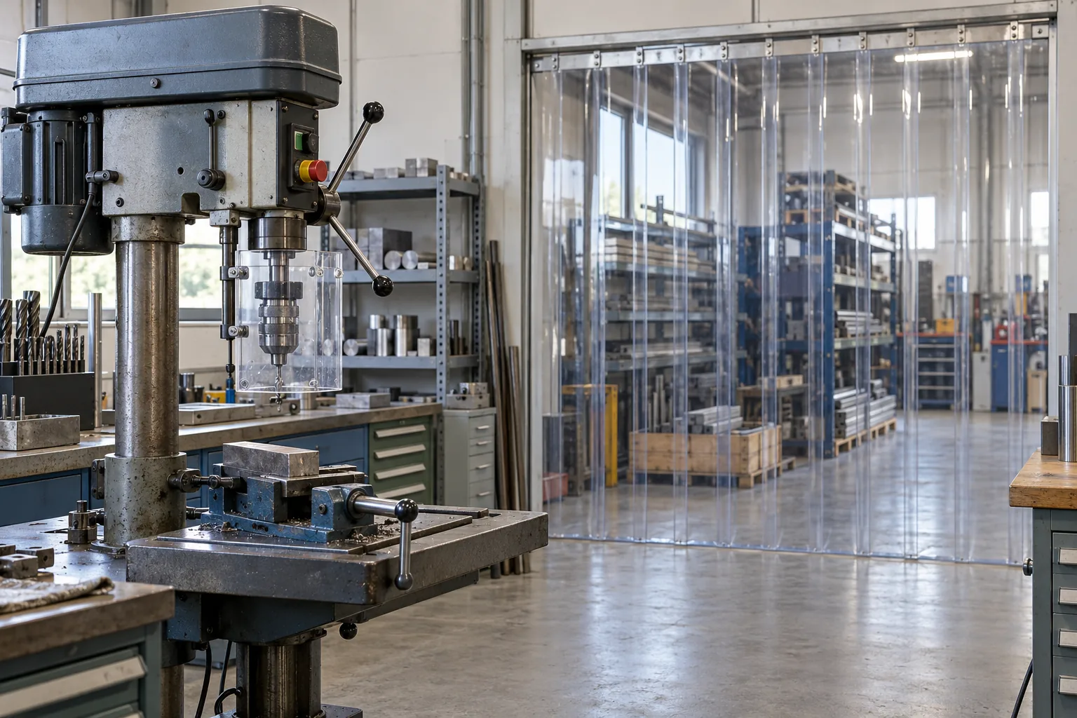 KI-Visualisierung: stillstehende Säulenbohrmaschine mit eigener Schutzhaube und separat angeordnetem PVC-Streifenvorhang zum Materiallager