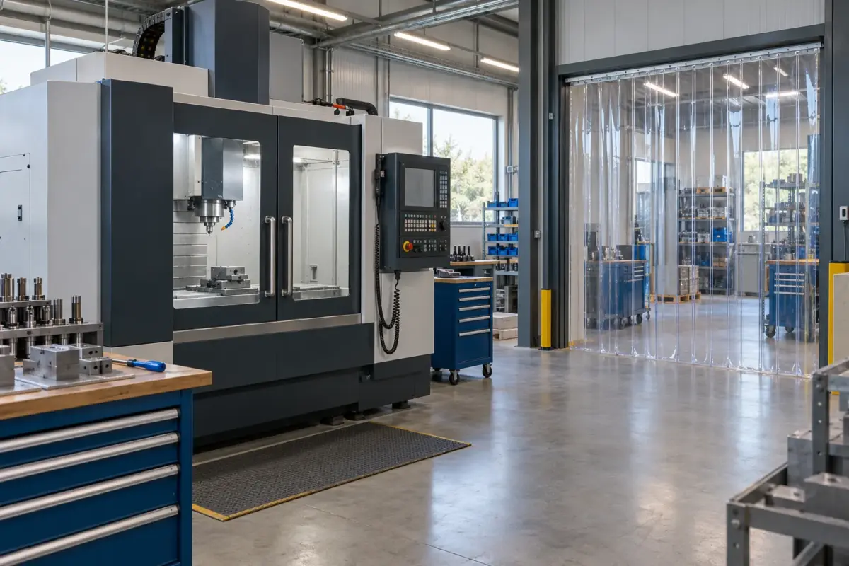 KI-Visualisierung: geschlossene CNC-Fräsmaschine mit separatem Durchgang aus transparenten PVC-Streifen in einer Werkstatt