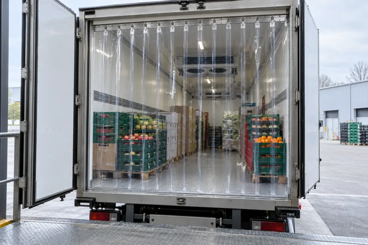 KI-Visualisierung: geöffneter Kühl-LKW mit transparentem PVC-Streifenvorhang innerhalb der Hecköffnung und Lebensmittelkisten im Laderaum