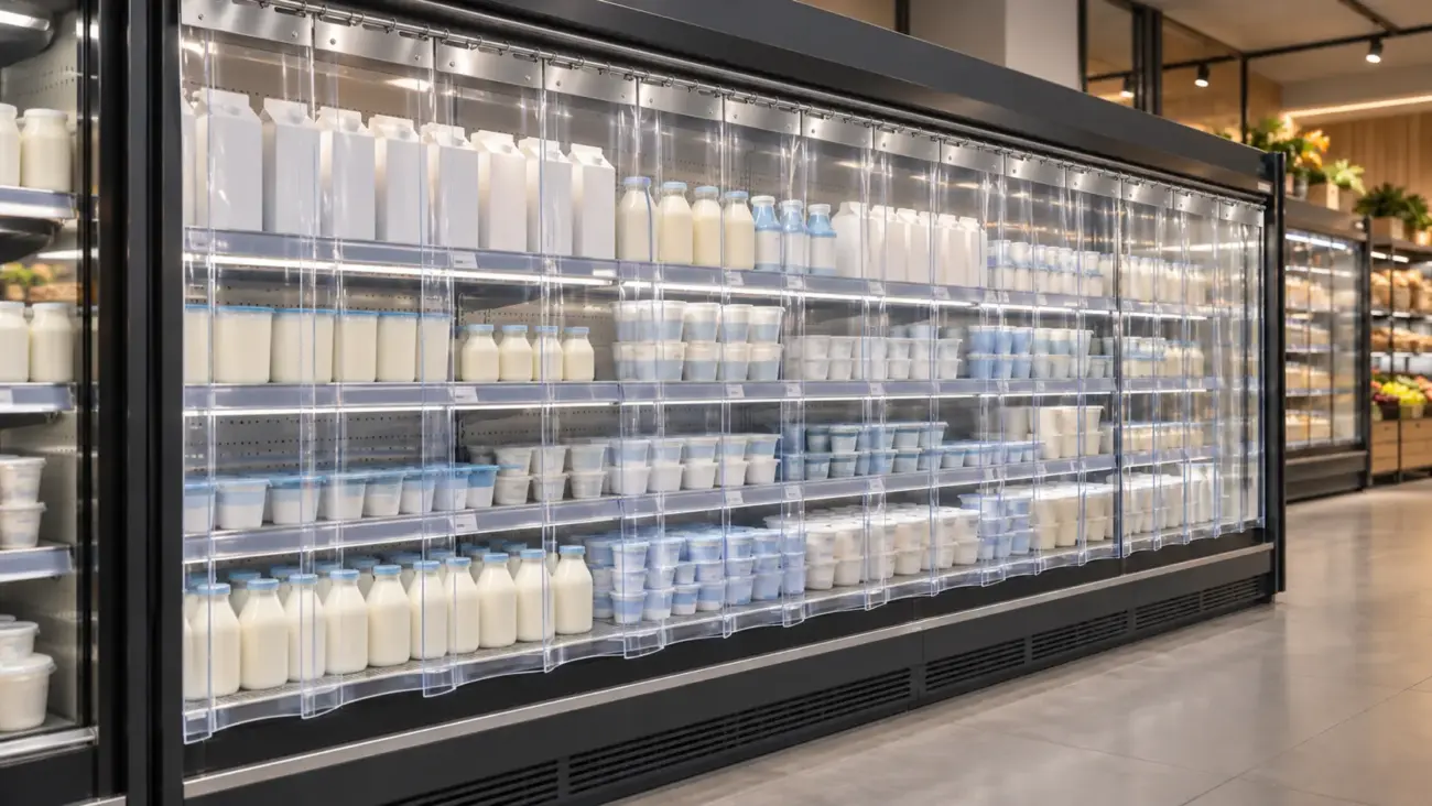 KI-Visualisierung eines Supermarkt-Kühlregals mit Milch, Joghurt und transparenten PVC-Streifen