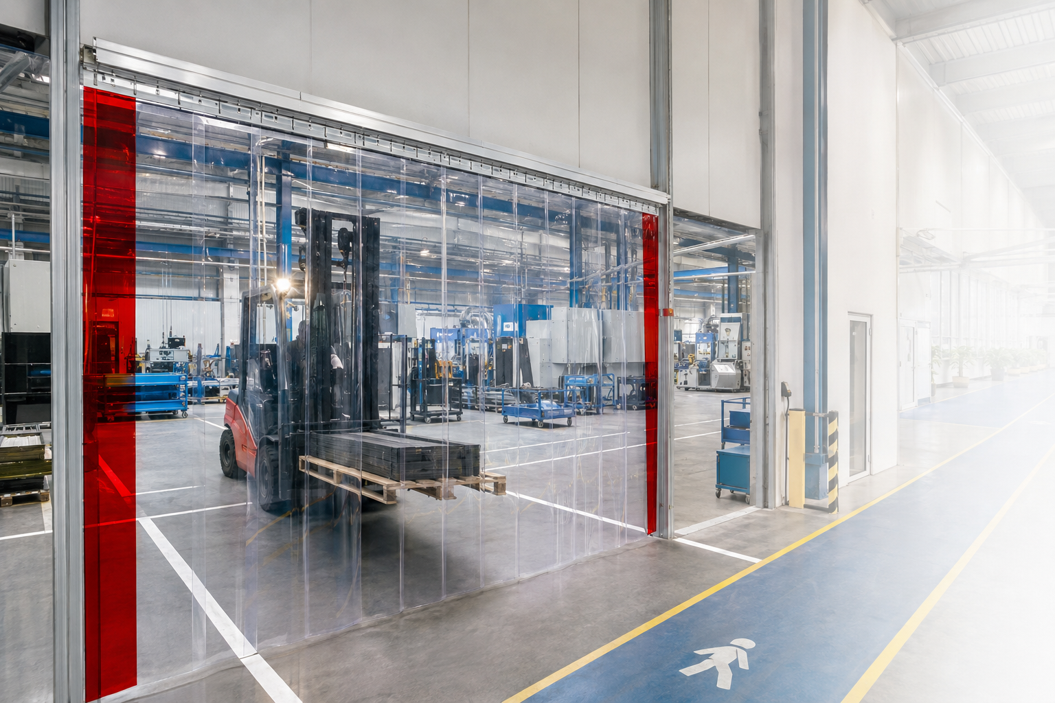 KI-Visualisierung eines PVC-Streifenvorhangs in einer Industriehalle mit Staplerverkehr