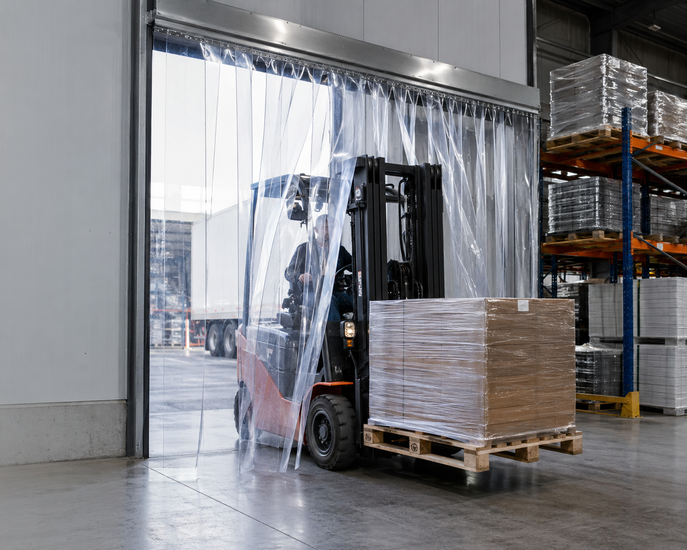 KI-Visualisierung eines PVC-Streifenvorhangs in Lager und Logistik