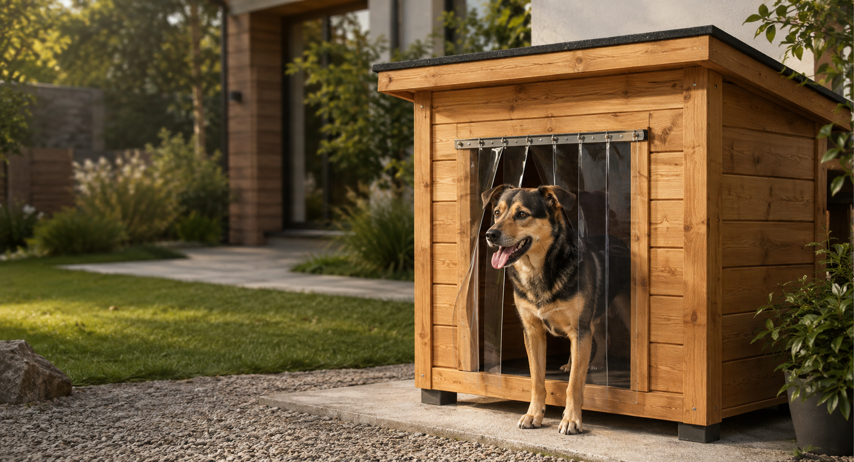 Hundeh&uuml;tte mit transparentem PVC-Streifenvorhang