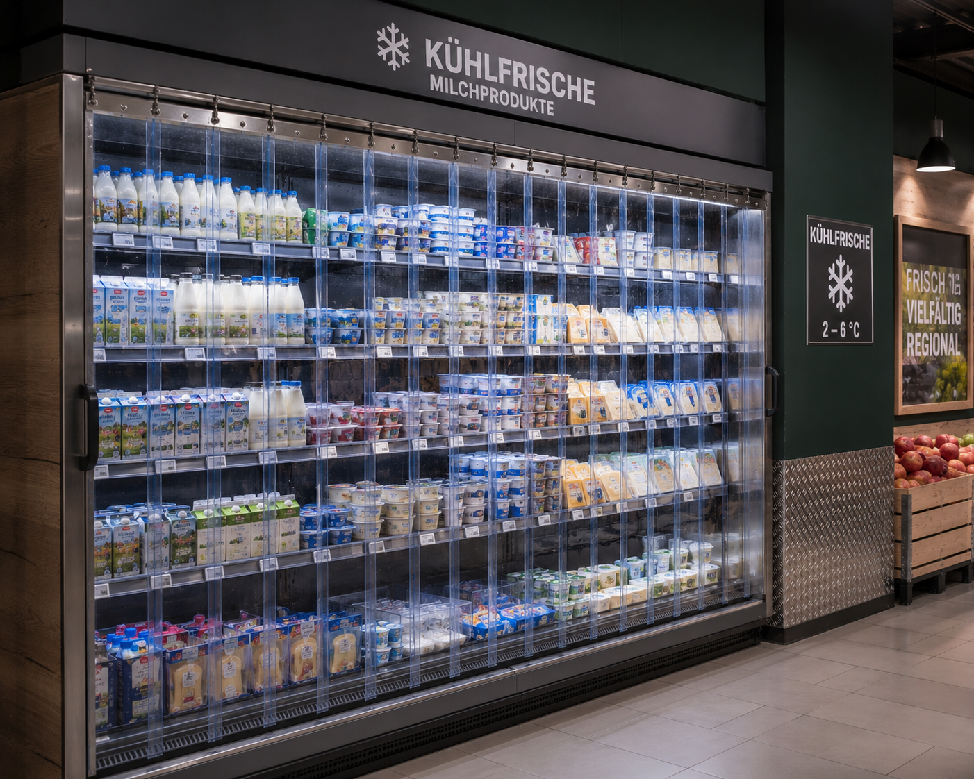 KI-Visualisierung von PVC-Streifen an einem Kühlregal
