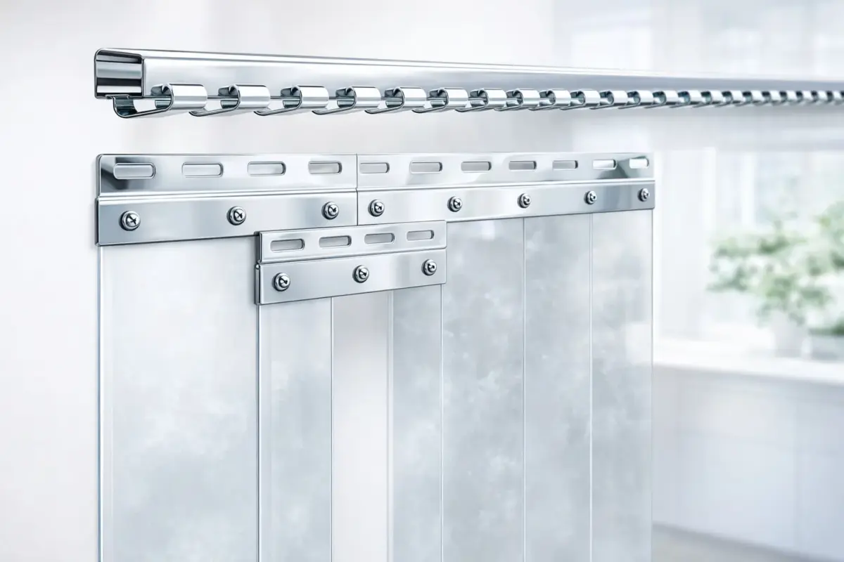 KI-Visualisierung: transparente PVC-Ersatzstreifen mit Hakenleiste und Montagependeln