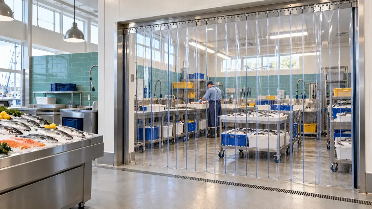 KI-Visualisierung einer Fischhalle mit transparentem PVC-Kältevorhang, Fischkisten auf Transportwagen und einem Mitarbeiter im abgetrennten Bereich