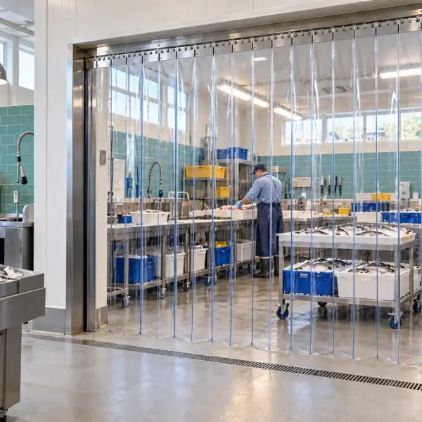 KI-Visualisierung einer Fischhalle mit transparentem PVC-Kältevorhang, Fischkisten auf Transportwagen und einem Mitarbeiter im abgetrennten Bereich