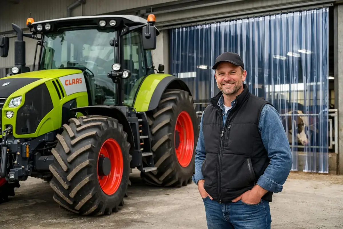 KI-Visualisierung: landwirtschaftliche Halle mit Traktor und transparentem PVC-Streifenvorhang